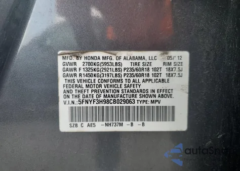 2012 Honda Pilot Touring from USA, damaged, VIN 5FNYF3H98CB029063